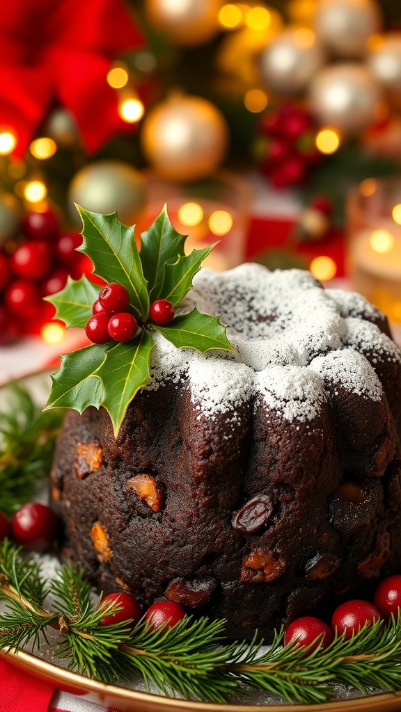 A traditional Christmas pudding garnished with holly on a festive table.